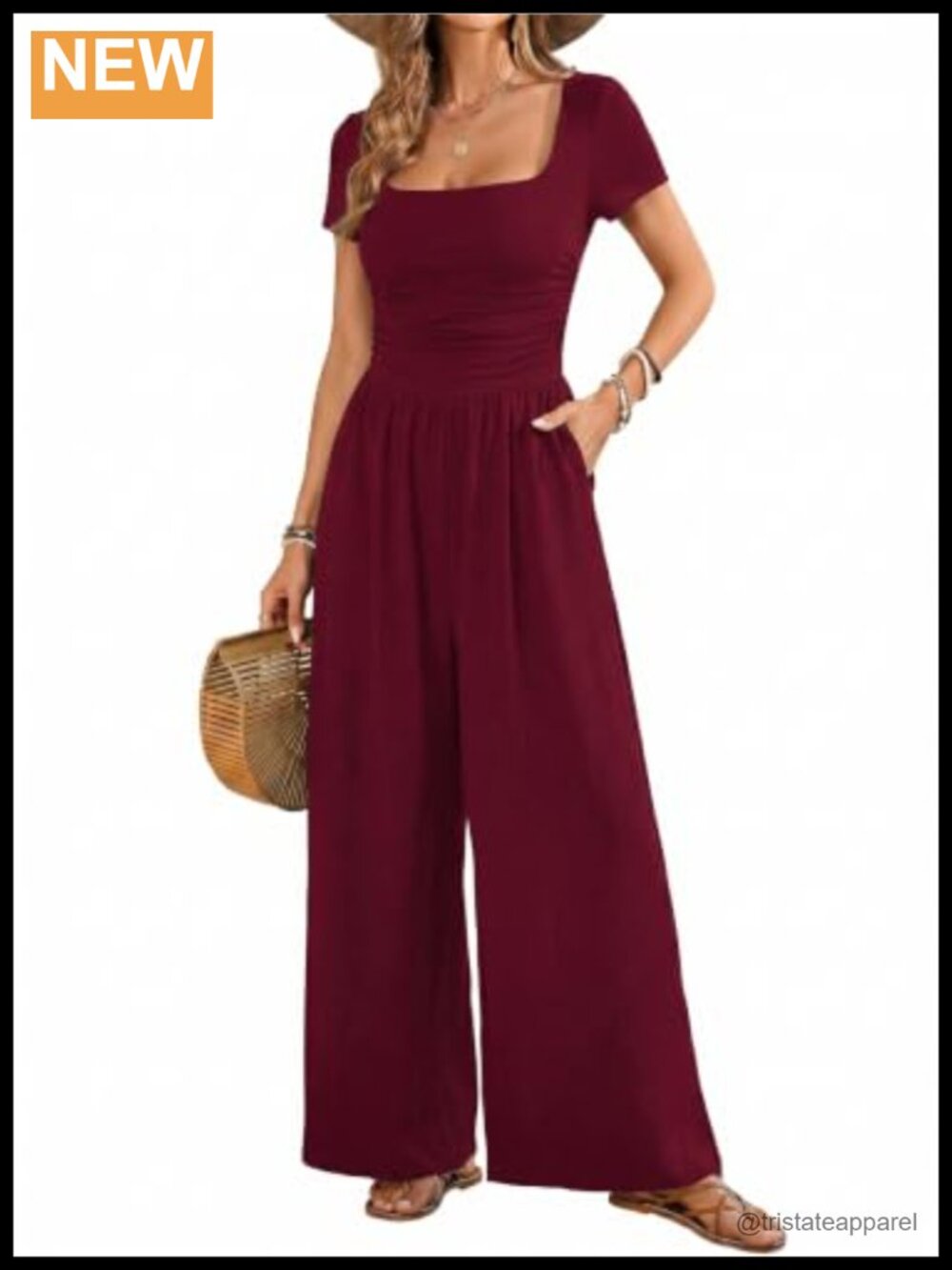 Acelitt Women's Short Sleeve One Piece Jumpsuit Square Neck Ruched Waist Wide